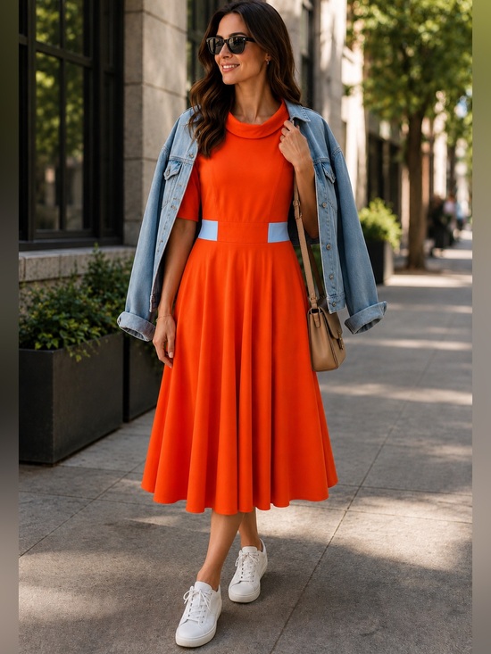 FKSP Dresses & Skirts - FKSP Bright Orange Midi Fit-and-Flare Dress with Light Blue Waist Accents